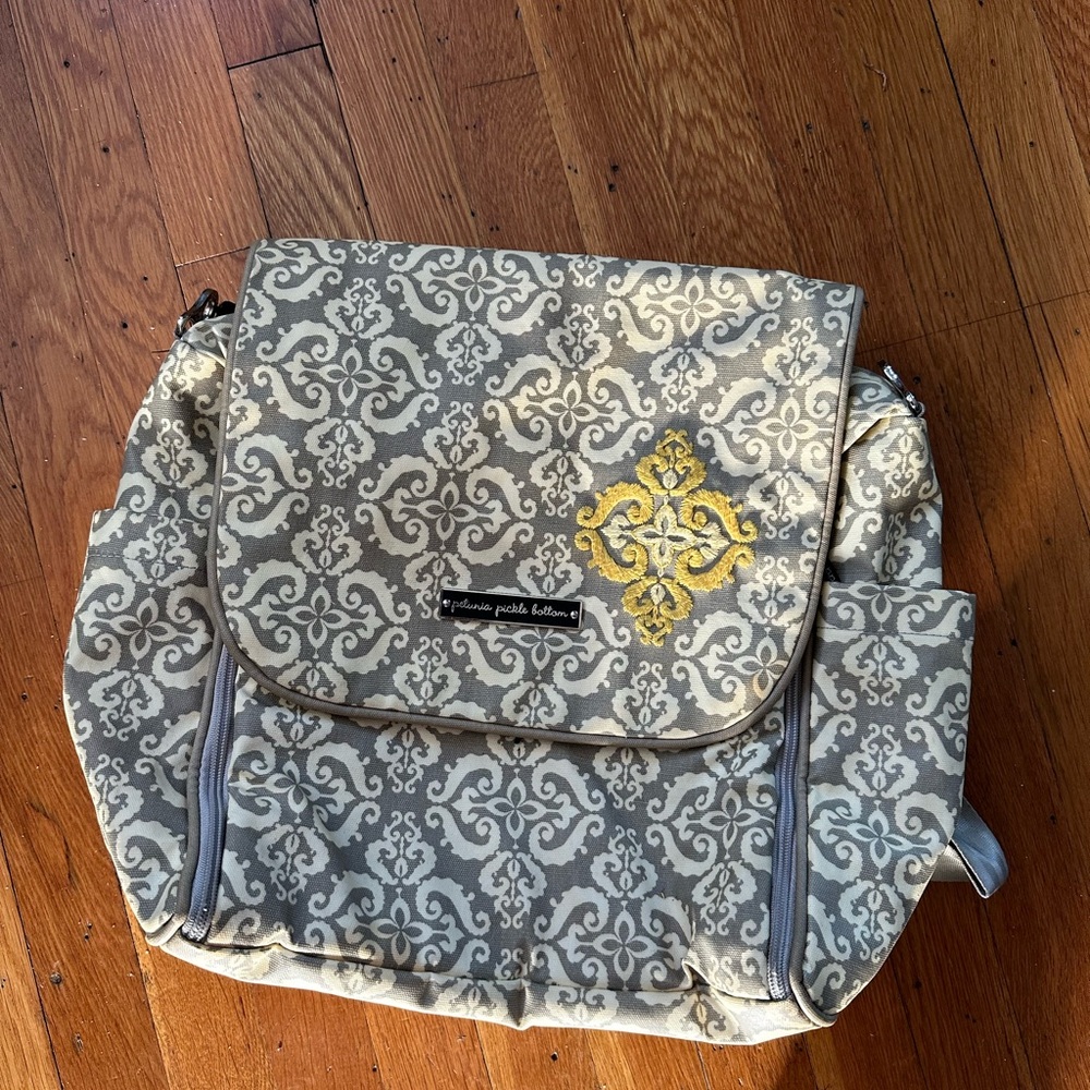 Petunia Pickle Bottom Gray and Gold Diaper Bag